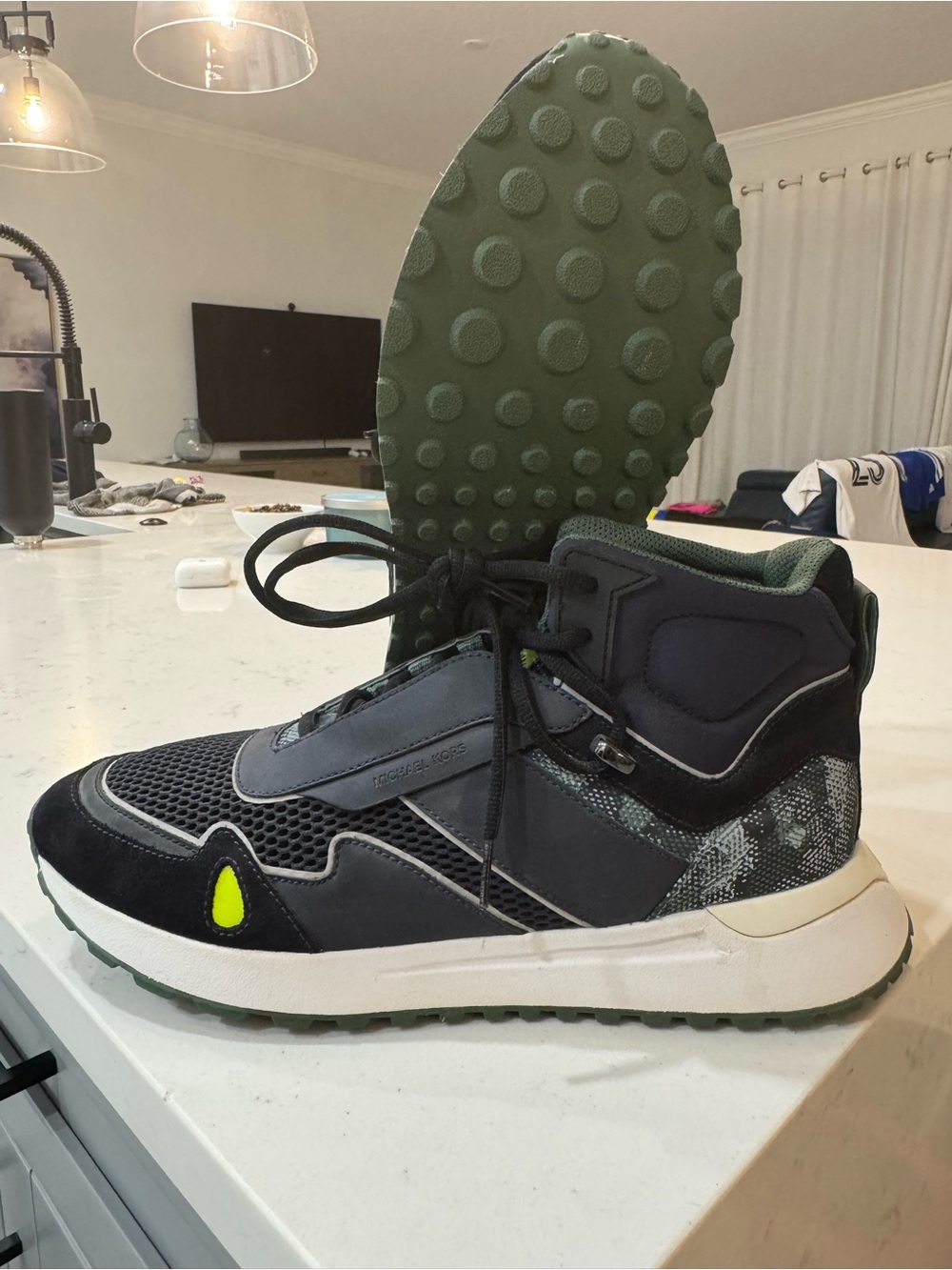Michael Kors Men's High-Top Sneakers in Black, Olive, and Neon Yellow Accent